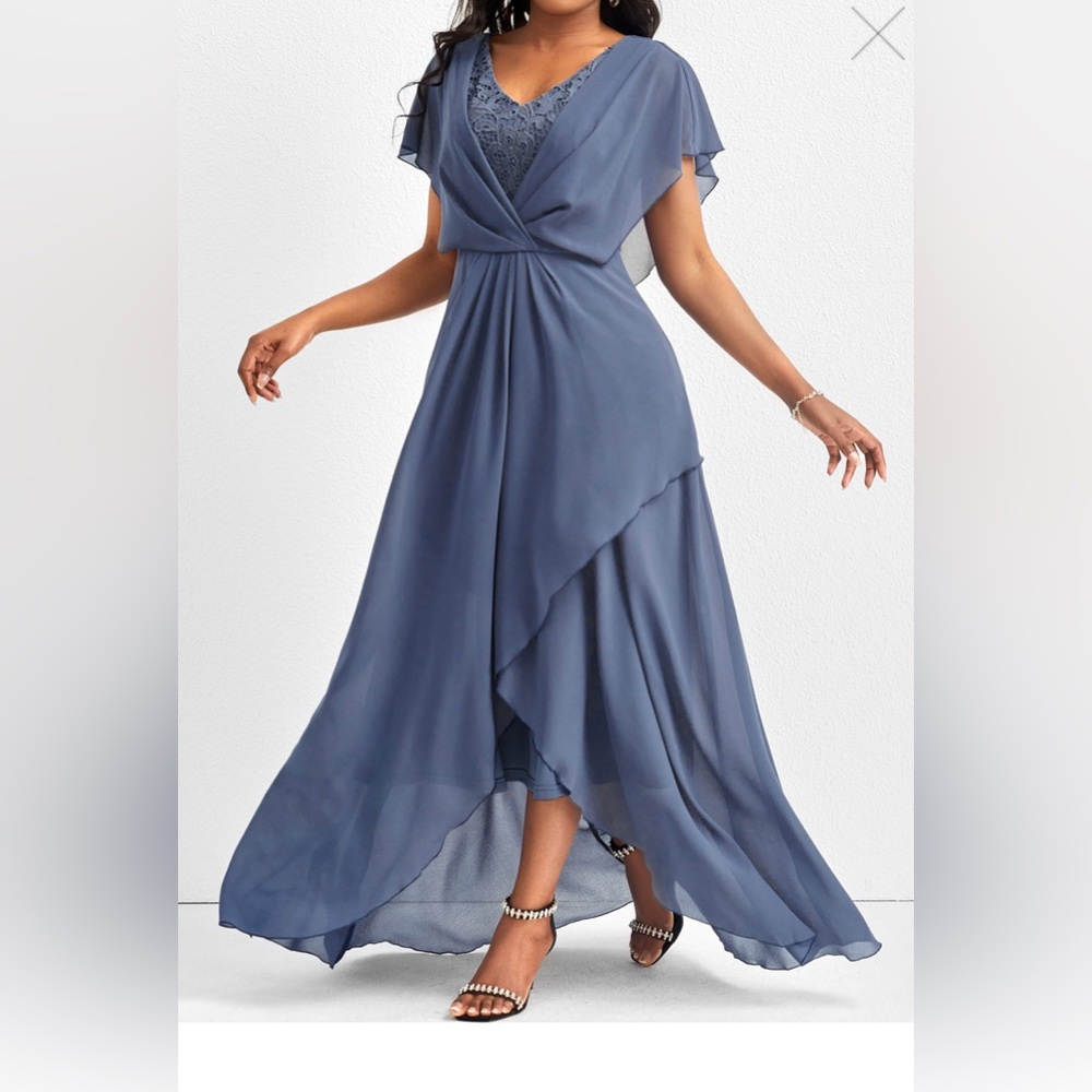 24h Dispatch ROTITA Lace Dusty Blue V Neck Maxi Dress 👗 Size L Worn Once